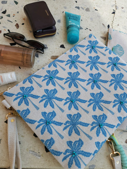 XL Printed Hand Clutch - Sea Blue Palmtrees