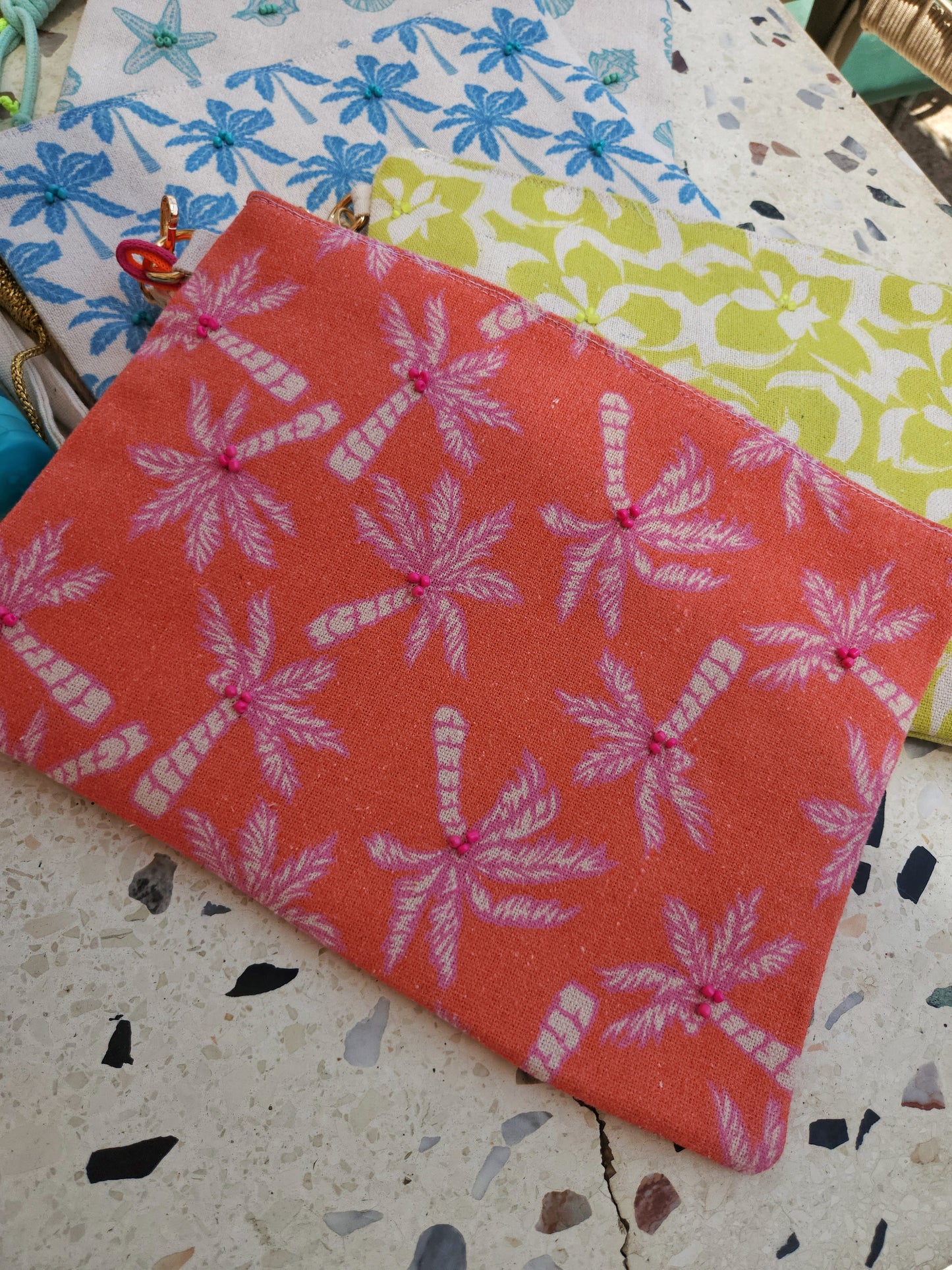 XL Printed Hand Clutch - Orange×Pink Plamtrees