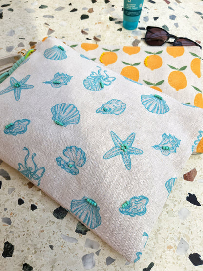 XL Printed Hand Clutch - Mint Seashells