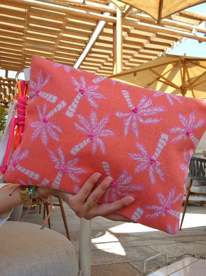 XL Printed Hand Clutch - Orange×Pink Plamtrees