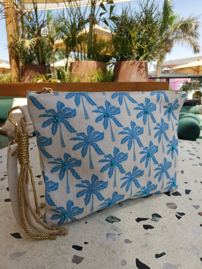 XL Printed Hand Clutch - Sea Blue Palmtrees