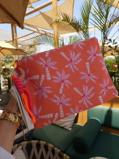 XL Printed Hand Clutch - Orange×Pink Plamtrees